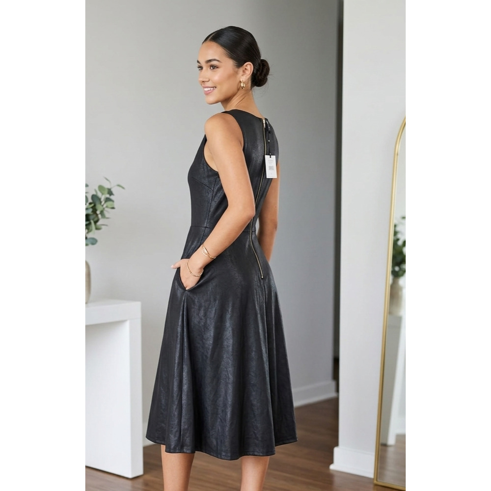 Agnes & Dora Faux Leather V-Neck Fit and Flare Midi Dress Black XXS